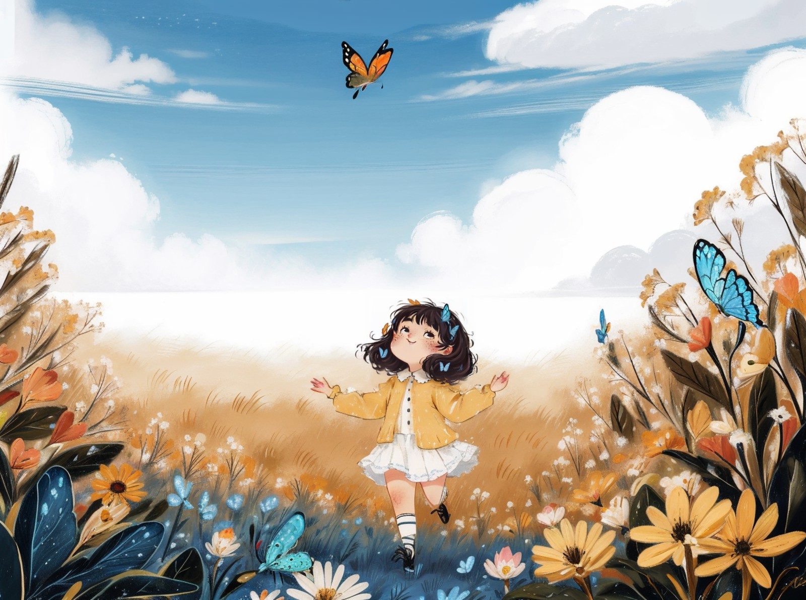 03937-2405104673-best quality,masterpiece,ultra high res,childpaiting,1girl,solo,crayon drawing,_white flower,((a girl to play with a butterfly)).png